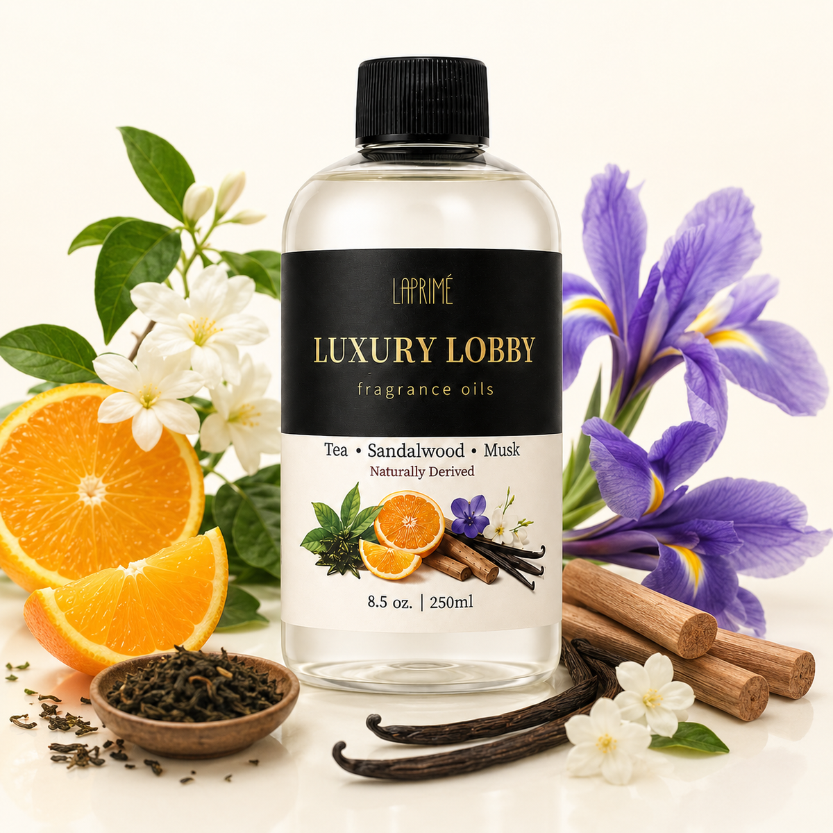 Luxury Lobby Diffuser Oil, Five-Star Hotel Inspired Fragrance with Sandalwood & Vanilla Notes, Tea, Citrus, Iris, Jasmine, Waterless Home Fragrance Oil Refill, Long-Lasting Room Scent，250ml