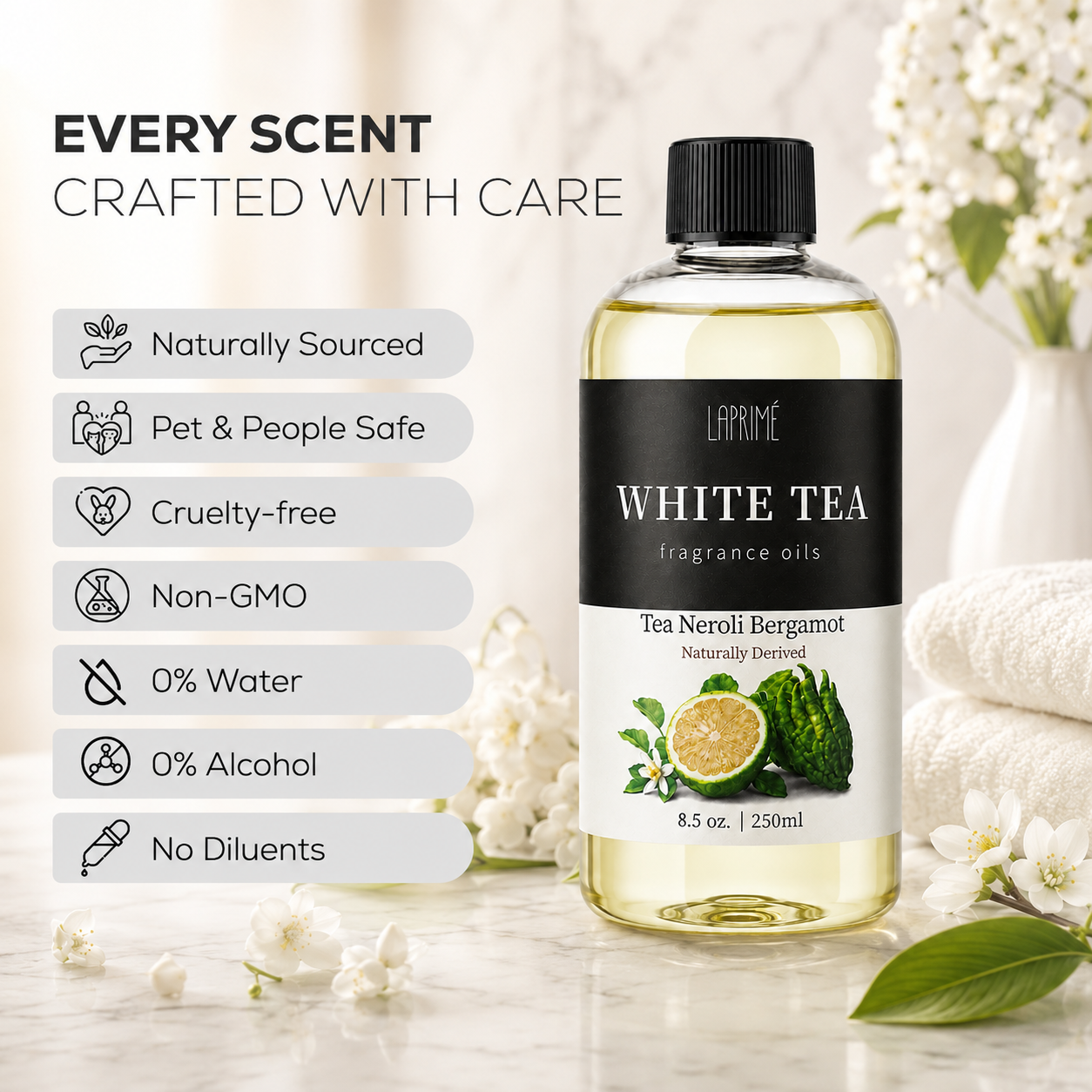 White Tea Luxury Diffuser Oil, Five-Star Hotel Inspired Fragrance with Bergamot, White Tea, Lily of the Valley & Musk Notes, Waterless Home Fragrance Oil Refill, Long-Lasting Room Scent ，250ml