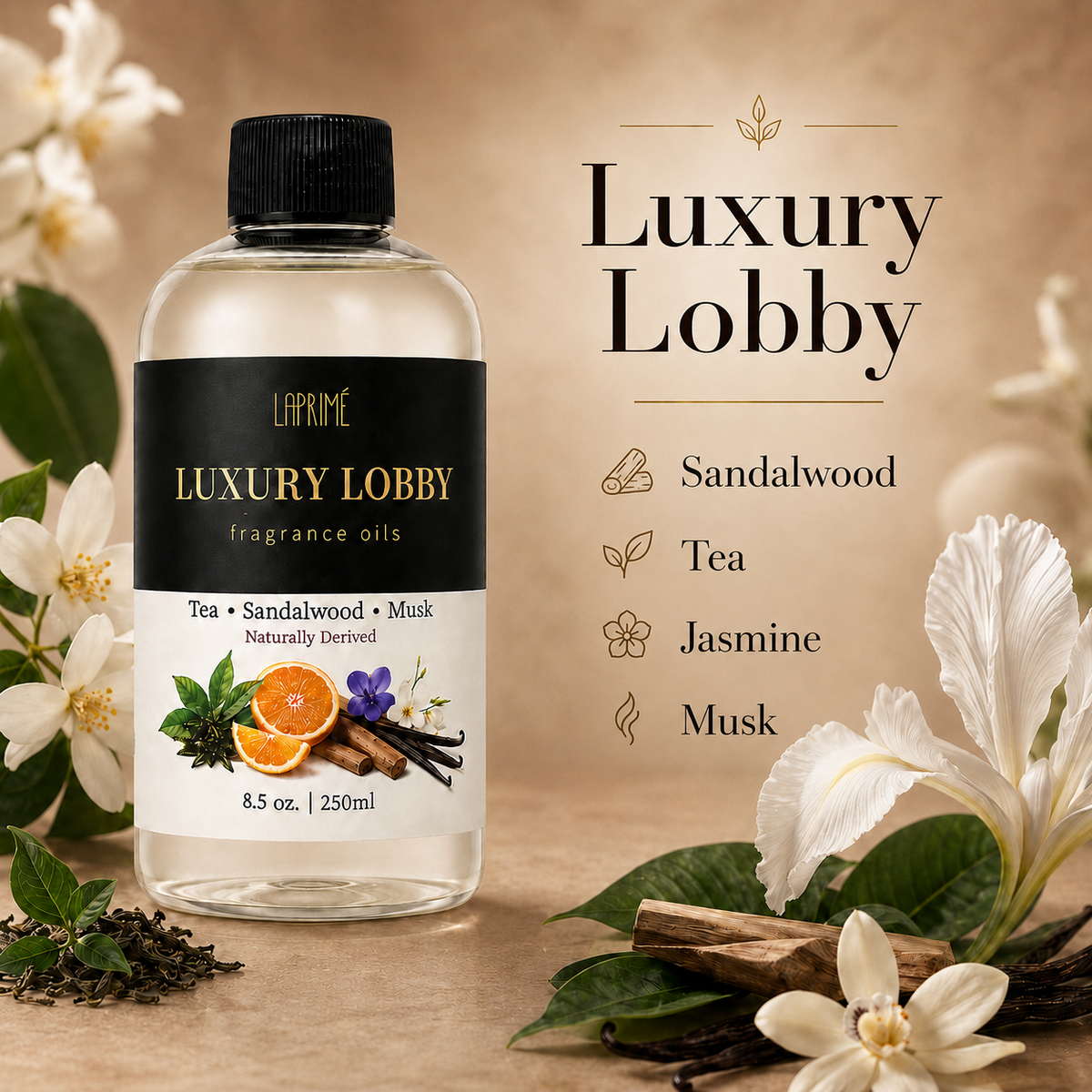 Luxury Lobby Diffuser Oil, Five-Star Hotel Inspired Fragrance with Sandalwood & Vanilla Notes, Tea, Citrus, Iris, Jasmine, Waterless Home Fragrance Oil Refill, Long-Lasting Room Scent，250ml
