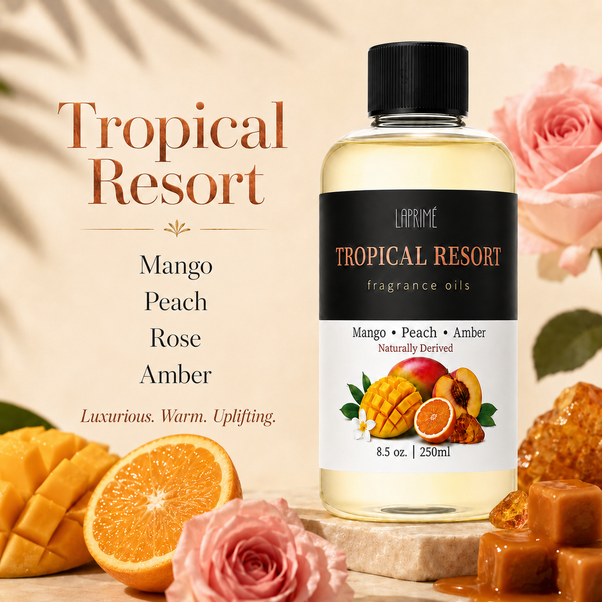 Tropical Resort Luxury Diffuser Oil, Five-Star Hotel Inspired Fragrance with Mango, Citrus, Rose, Floral & Musk Notes, Waterless Home Fragrance Oil Refill for Diffusers, Long-Lasting Room Scent, 250ml