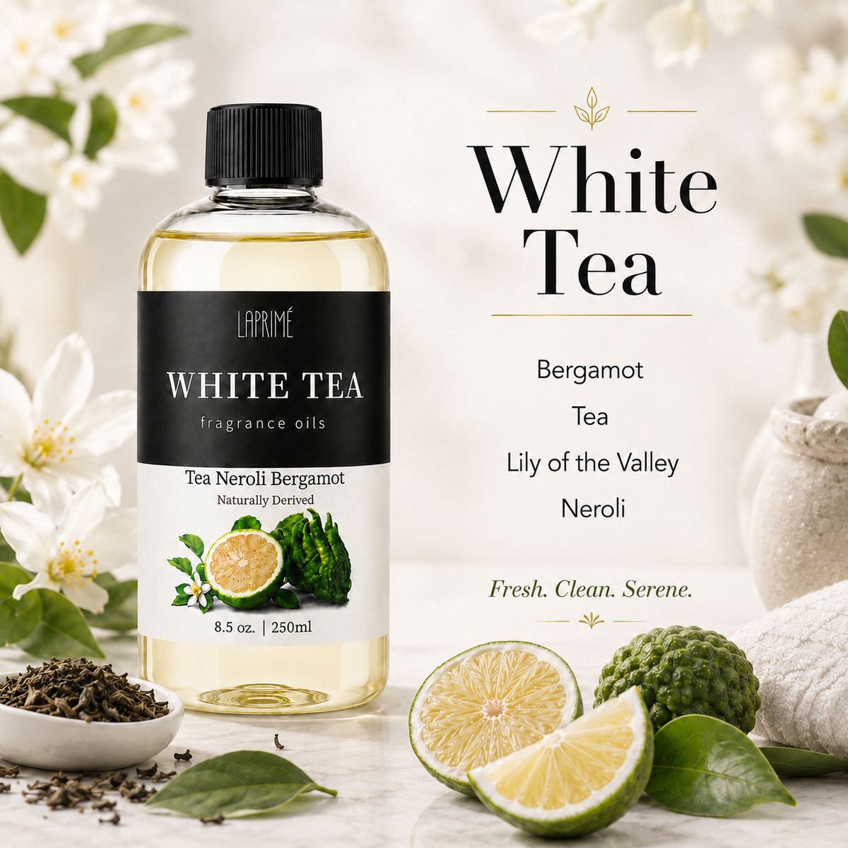 White Tea Luxury Diffuser Oil, Five-Star Hotel Inspired Fragrance with Bergamot, White Tea, Lily of the Valley & Musk Notes, Waterless Home Fragrance Oil Refill, Long-Lasting Room Scent ，250ml